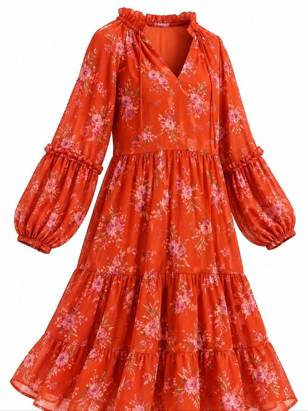 Vince Camuto Red Floral Tiered Midi Dress